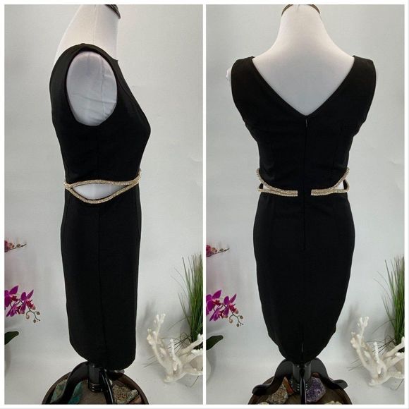 $159 Few Moda Bodycon Black Peek a Boo Rhinestones Detail Dress NWT large - Picture 2 of 6
